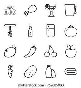 Thin line icon set : bio, chicken leg, cocktail, cup, corkscrew, vegetable oil, fridge, tomato, lemon, hot pepper, cherry, apple, carrot, potato, shampoo, towel