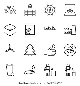 Thin line icon set : bio, sun power, nuclear, box, flower in window, seedling, factory, windmill, spruce, hand drop, ecology, trash bin, and, garbage