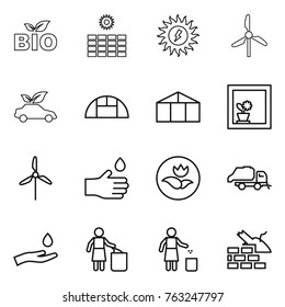 Thin line icon set : bio, sun power, windmill, eco car, greenhouse, flower in window, hand drop, ecology, trash truck, and, garbage bin, construct
