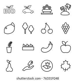 Thin line icon set : bio, eco car, flower bed, island, lemon, trees, cherry, grape, seedling, eggplant, apple, pear, hand leaf, ecology, maple