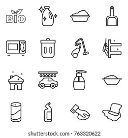 Thin line icon set : bio, cleanser, washing, scoop, microwave oven, trash bin, vacuum cleaner, skyscrapers cleaning, house, car wash, liquid soap, foam basin, powder,  wiping, floor