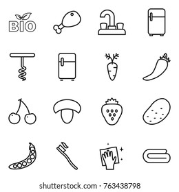 Thin line icon set : bio, chicken leg, water tap, fridge, corkscrew, carrot, hot pepper, cherry, mushroom, strawberry, potato, peas, tooth brush, wiping, towel