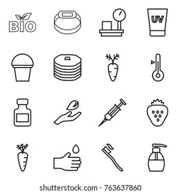 Thin line icon set : bio, smart bracelet, warehouse scales, uv cream, bucket, pancakes, carrot, thermometer, pills bottle, hand leaf, syringe, strawberry, drop, tooth brush, liquid soap
