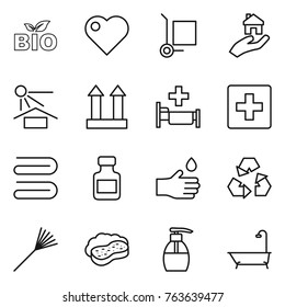 Thin line icon set : bio, heart, cargo stoller, real estate, sun potection, top sign, hospital, first aid, towel, pills bottle, hand drop, recycling, rake, sponge with foam, liquid soap, bath