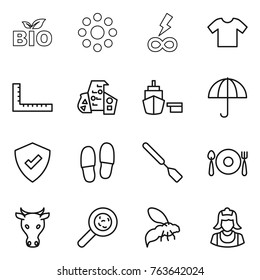 Thin line icon set : bio, round around, infinity power, t shirt, ruler, modern architecture, port, dry cargo, protected, slippers, spatula, fork spoon plate, cow, viruses, wasp, cleaner