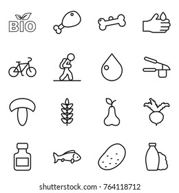 Thin line icon set : bio, chicken leg, bone, acid, bike, tourist, drop, garlic clasp, mushroom, spikelets, pear, beet, pills bottle, fish, potato, shampoo