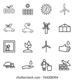 Thin line icon set : bio, sun power, windmill, eco car, electric, greenhouse, flower in window, sprouting, hand drop, trash truck, and, garbage bin, construct