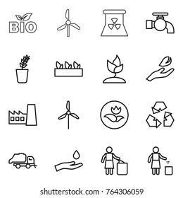 Thin line icon set : bio, windmill, nuclear power, water tap, seedling, sprouting, hand leaf, factory, ecology, recycling, trash truck, and drop, garbage bin