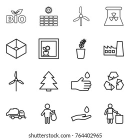 Thin line icon set : bio, sun power, windmill, nuclear, box, flower in window, seedling, factory, spruce, hand drop, recycling, trash truck, and, garbage bin