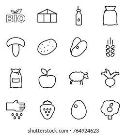 Thin line icon set : bio, greenhouse, vegetable oil, flour, mushroom, potato, beans, spikelets, apple, sheep, beet, sow, strawberry, egg, garden