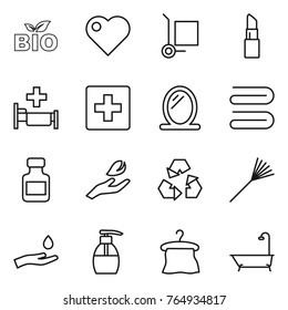Thin line icon set : bio, heart, cargo stoller, lipstick, hospital, first aid, mirror, towel, pills bottle, hand leaf, recycling, rake, and drop, liquid soap, hanger, bath