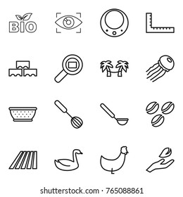 Thin line icon set : bio, eye identity, necklace, ruler, block wall, cargo search, palm hammock, jellyfish, colander, whisk, ladle, coffee seeds, field, goose, chicken, hand leaf