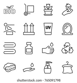 Thin line icon set : bio, cargo stoller, flower, real estate, sun potection, top sign, uv cream, mirror, towel, pills bottle, hand drop, recycling, sponge with foam, and, liquid soap, hanger