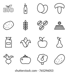 Thin line icon set : bio, vegetable oil, eggs, mushroom, potato, spikelets, coffee seeds, field, flour, corn, apple, pear, beet, tomato, garden