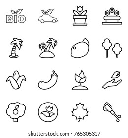 Thin line icon set : bio, eco car, flower, bed, palm, island, lemon, trees, corn, eggplant, sprouting, hand leaf, garden, ecology, maple, blower