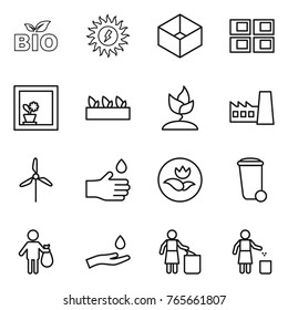 Thin line icon set : bio, sun power, box, panel house, flower in window, seedling, sprouting, factory, windmill, hand drop, ecology, trash bin, and, garbage
