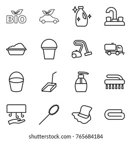 Thin line icon set : bio, eco car, cleanser, water tap, washing, bucket, vacuum cleaner, sweeper, scoop, liquid soap, brush, hand dryer, duster, floor, towel