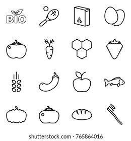 Thin line icon set : bio, tennis, cereals, eggs, tomato, carrot, honeycombs, berry, spikelets, eggplant, apple, fish, pumpkin, bread, tooth brush