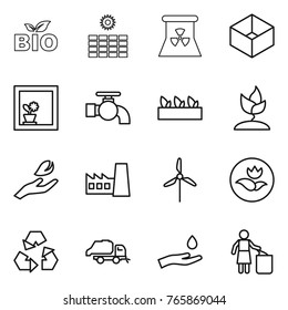 Thin line icon set : bio, sun power, nuclear, box, flower in window, water tap, seedling, sprouting, hand leaf, factory, windmill, ecology, recycling, trash truck, and drop, garbage bin