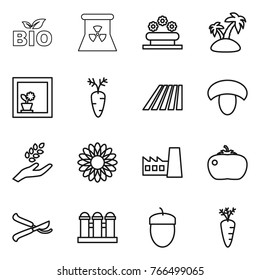Thin line icon set : bio, nuclear power, flower bed, island, in window, carrot, field, mushroom, harvest, factory, tomato, pruner, grain elevator, acorn