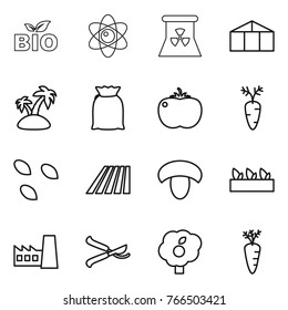 Thin line icon set : bio, atom, nuclear power, greenhouse, island, flour, tomato, carrot, seeds, field, mushroom, seedling, factory, pruner, garden