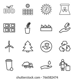 Thin line icon set : bio, sun power, nuclear, panel house, seedling, hand leaf, windmill, spruce, ecology, recycling, trash bin, truck, and drop, garbage