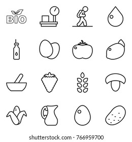 Thin line icon set : bio, warehouse scales, tourist, drop, vegetable oil, eggs, tomato, lemon, mortar, berry, spikelets, mushroom, corn, jug, egg, potato