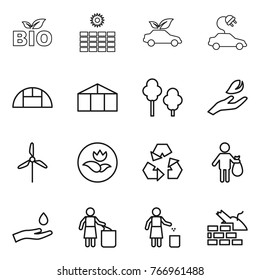 Thin line icon set : bio, sun power, eco car, electric, greenhouse, trees, hand leaf, windmill, ecology, recycling, trash, and drop, garbage bin, construct
