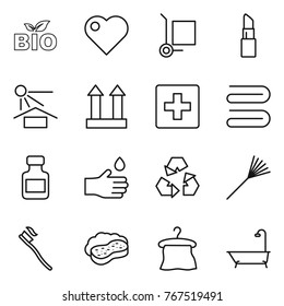 Thin line icon set : bio, heart, cargo stoller, lipstick, sun potection, top sign, first aid, towel, pills bottle, hand drop, recycling, rake, tooth brush, sponge with foam, hanger, bath