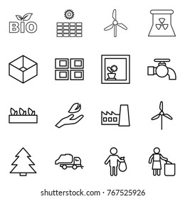 Thin line icon set : bio, sun power, windmill, nuclear, box, panel house, flower in window, water tap, seedling, hand leaf, factory, spruce, trash truck, garbage bin