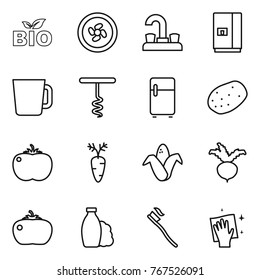 Thin line icon set : bio, cooler fan, water tap, fridge, cup, corkscrew, potato, tomato, carrot, corn, beet, shampoo, tooth brush, wiping