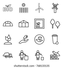 Thin line icon set : bio, sun power, windmill, greenhouse, flower in window, trees, sprouting, hand leaf, ecology, trash bin, truck, garbage, construct