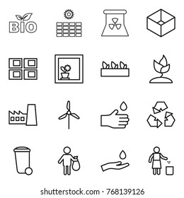 Thin line icon set : bio, sun power, nuclear, box, panel house, flower in window, seedling, sprouting, factory, windmill, hand drop, recycling, trash bin, and, garbage