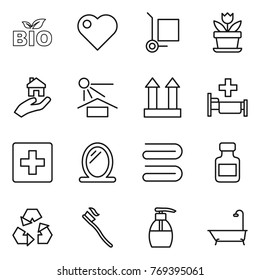 Thin line icon set : bio, heart, cargo stoller, flower, real estate, sun potection, top sign, hospital, first aid, mirror, towel, pills bottle, recycling, tooth brush, liquid soap, bath