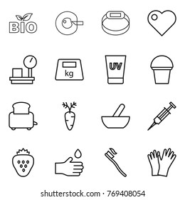 Thin line icon set : bio, cell corection, smart bracelet, heart, warehouse scales, heavy, uv cream, bucket, toaster, carrot, mortar, syringe, strawberry, hand drop, tooth brush, gloves