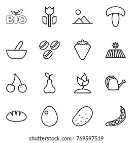 Thin line icon set : bio, perishable, landscape, mushroom, mortar, coffee seeds, berry, field, cherry, pear, sprouting, watering can, bread, egg, potato, peas