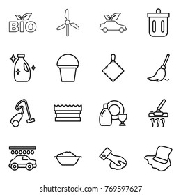 Thin line icon set : bio, windmill, eco car, bin, cleanser, bucket, rag, broom, vacuum cleaner, sponge, dish, wash, foam basin, wiping, floor washing