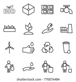 Thin line icon set : bio, box, panel house, water tap, seedling, sprouting, hand leaf, factory, windmill, drop, recycling, trash bin, and, garbage