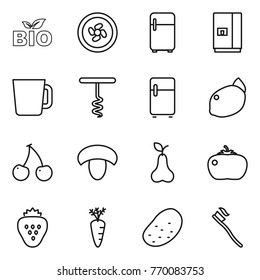 Thin line icon set : bio, cooler fan, fridge, cup, corkscrew, lemon, cherry, mushroom, pear, tomato, strawberry, carrot, potato, tooth brush