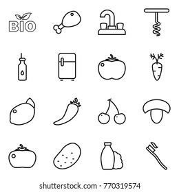Thin line icon set : bio, chicken leg, water tap, corkscrew, vegetable oil, fridge, tomato, carrot, lemon, hot pepper, cherry, mushroom, potato, shampoo, tooth brush