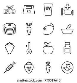 Thin line icon set : bio, heavy, uv cream, hospital, pancakes, carrot, lemon, mortar, berry, thermometer, apple, pills bottle, syringe, strawberry, ecology