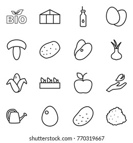 Thin line icon set : bio, greenhouse, vegetable oil, eggs, mushroom, potato, beans, onion, corn, seedling, apple, hand leaf, watering can, egg, pile of garbage