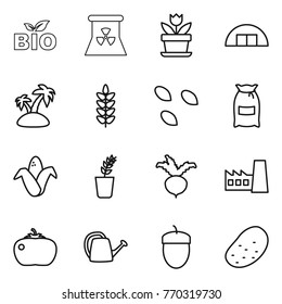 Thin line icon set : bio, nuclear power, flower, hangare, island, spikelets, seeds, flour, corn, seedling, beet, factory, tomato, watering can, acorn, potato