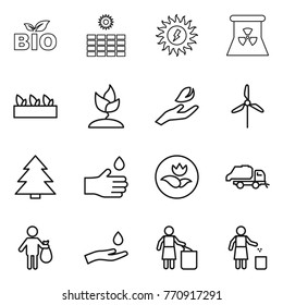 Thin line icon set : bio, sun power, nuclear, seedling, sprouting, hand leaf, windmill, spruce, drop, ecology, trash truck, and, garbage bin