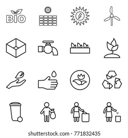 Thin line icon set : bio, sun power, windmill, box, water tap, seedling, sprouting, hand leaf, drop, ecology, recycling, trash bin, garbage