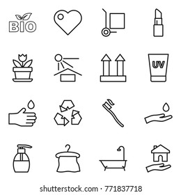 Thin line icon set : bio, heart, cargo stoller, lipstick, flower, sun potection, top sign, uv cream, hand drop, recycling, tooth brush, and, liquid soap, hanger, bath, housing