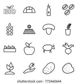 Thin line icon set : bio, greenhouse, vegetable oil, coffee seeds, spikelets, field, mushroom, seedling, apple, sheep, beet, sprouting, hand leaf, potato, pile of garbage