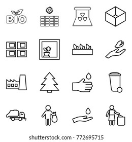 Thin line icon set : bio, sun power, nuclear, box, panel house, flower in window, seedling, hand leaf, factory, spruce, drop, trash bin, truck, and, garbage