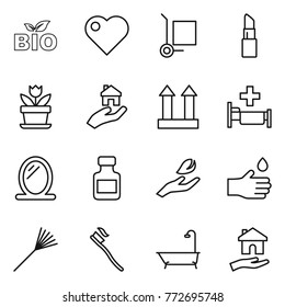 Thin line icon set : bio, heart, cargo stoller, lipstick, flower, real estate, top sign, hospital, mirror, pills bottle, hand leaf, drop, rake, tooth brush, bath, housing