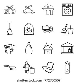 Thin line icon set : bio, eco car, factory filter, washing machine, broom, garbage bag, sweeper, bucket and, wiping, cleanser, house cleaning, utility room, brush, bin, floor, please clean